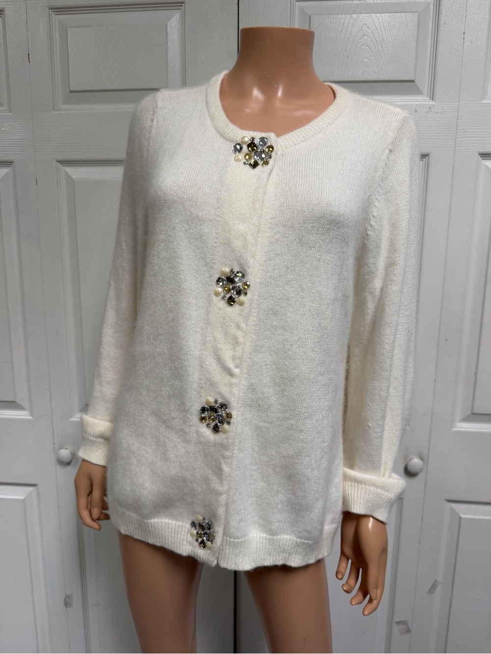 Christopher & Banks White-Off  Knit Cardigan with Jeweled Snaps Women’s Size XL